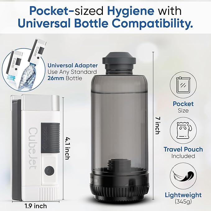 BIDET BUDDY짰 CubeJet Portable Bidet | Rechargeable Electric Travel Bidet for Travel, Camping & Home | Ultra High Pressure USB-C Hygiene Device with Seat-Bidet-Level Cleaning Power - Silver