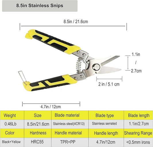 Heavy Duty Scissors 8.5 Inch, Straight Shears with Stainless Steel Blades and Comfort Grips, Metal Cutter for Cutting Branches, Cable Wires, Thin Iron
