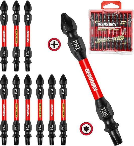10Pcs PH2-T25 Impact Double End Screwdriver Bit Set, 2.56 in. #2 Phillips /#25 Torx Power Driver Bits, Magnetic S2 Steel Two Sides Screwdriver Bits Set with Storage M-Box