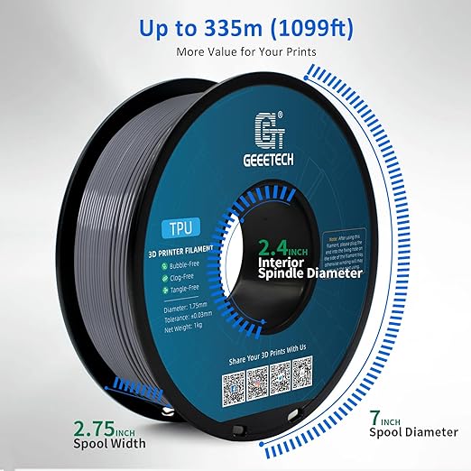 Geeetech TPU Filament 1.75mm, Shore 95A Flexible 3D Printer Filament with High Elasticity, 1KG (2.2lbs) Spool, Dimensional Accuracy 짹0.03mm, Fits Most FDM Printers (Clear Silver)