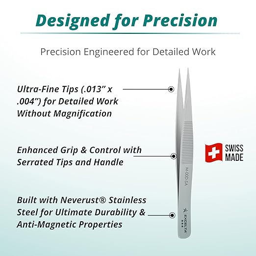 Excelta M-00D-SA Miniature Straight Medium Pointed Tweezer, Serrated Tips and Handle, Neverust Stainless Steel, 3.38" Length, Conductive Surface
