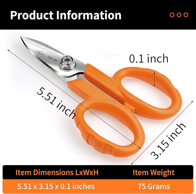 FSP-101 Anti Slip Kevlar Scissor,Electrician Scissors,For Cutting Fabric, Kevlar, Tape, Cable, Leather, Partner for Working Technicians, Electricians,FTTX Working Technicians