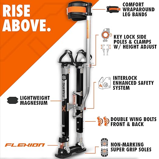 SurPro Single-Sided Drywall Stilts, Magnesium Base, 26??- 40??Height, QuadLock Contractor-Grade Stilts with Patented Flexion Foot System (S1X-M-2640) for Drywallers, Painters, Stilts Drywall