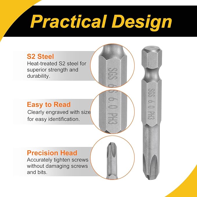 10 Pcs Magnetic Phillips Screwdriver Bit PH3 1/4" Hex Shank 50mm Long 6mm Rod