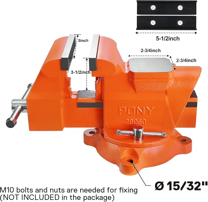 PONY Heavy Duty Bench Vise, 5-inch Jaw Width 4-inch Opening, Swivel Base With Anvil, Utility Combination Pipe Home Vise for Woodworking, One-Pair Jaw Pad Included