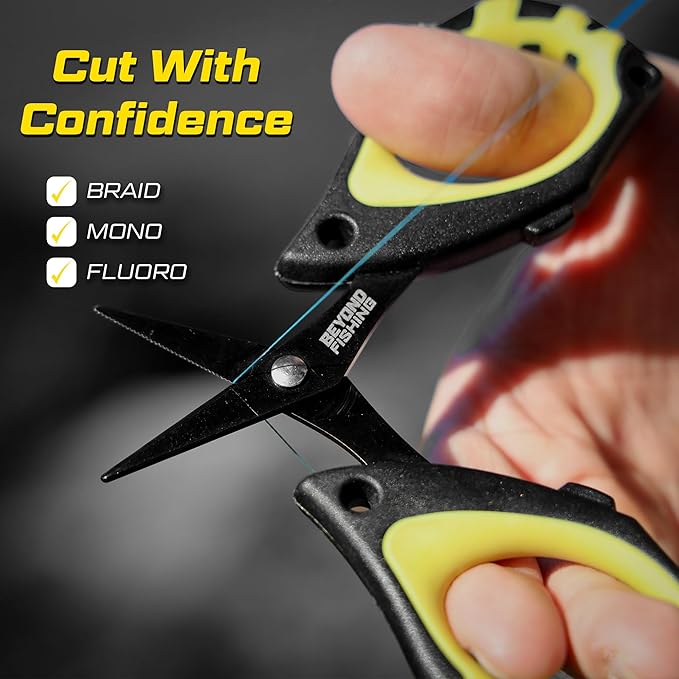 Beyond Fishing - 4.5??Fishing Scissors for Braided Line, Stainless Steel with Serrated Blades, Non Slip Grip, Large Finger Holes Fishing Line Cutter