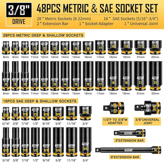boen 3/8" Drive Impact Socket Set, 48-Piece Metric & SAE Size (8-22mm & 5/16"-3/4"), 6-Point Deep & Shallow Socket Set with Extension Bars, Adapter and Universal Joint, CR-MO Steel
