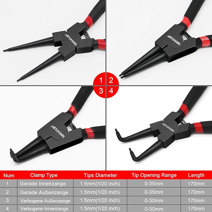 WISEUP Snap Ring Pliers Set, Heavy Duty 4PCS-7 inch Internal/External Circlip Pliers Kit, Straight/Bent Jaw Tips for C-Clip Ring Remover