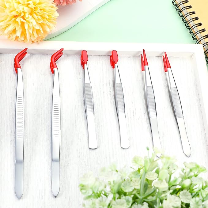 Mixweer 6 Pcs Rubber Long Tipped Tweezer Set for Jewelry Making Soft PVC Rubber Coated Tip Bent and Straight Flat Tip Precision Tweezer for Craft Bead Jewelry Stamps Industrial