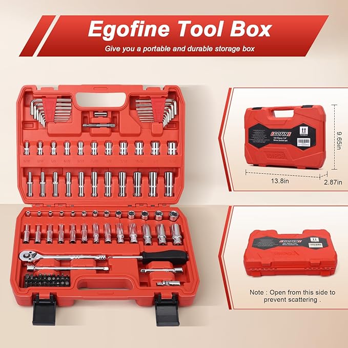 Egofine 1/4?쒭rive Socket Ratchet Wrench Set,101 PCS Metric(4-14mm),SAE(5/32-9/16??,with 72-Teeth Ratchet Wrench,Bit Socket Set,Extension Bar,Allen wrench for Auto Repair and Household