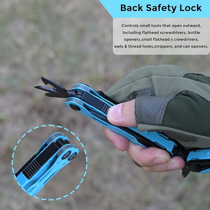 Multitool with Pocket Knife, 25-in-1 Stainless Steel Pliers and Screwdriver, Self-locking Multi-tool EDC Gear with Sheath, Suitable for Camping and Hiking (Powderblue)
