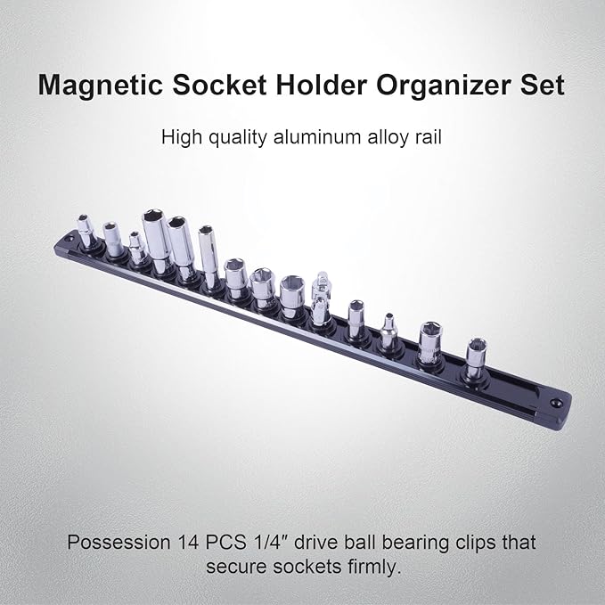 Magnetic Socket Holder Organizer Set:1/4-Inch Drive Socket Trays Socket, 360째 Swivel 14 Clips Socket Holder Kit, For Automotive Mechanic Garage (Black)