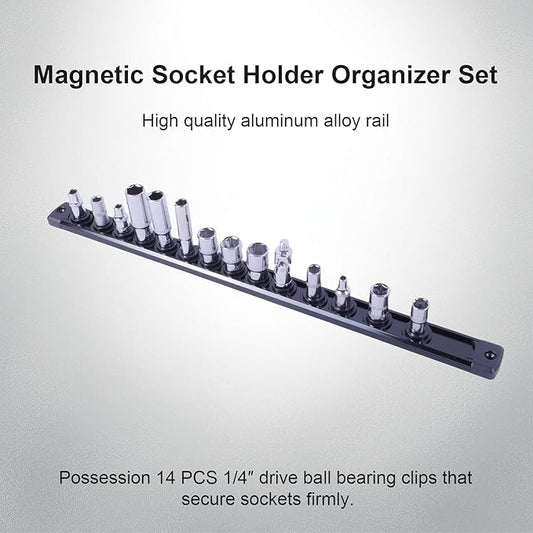 Magnetic Socket Holder Organizer Set:1/4-Inch Drive Socket Trays Socket, 360째 Swivel 14 Clips Socket Holder Kit, For Automotive Mechanic Garage (Black)