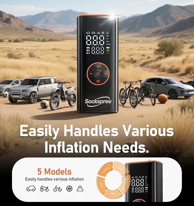 Tire Inflator Portable Air Compressor 5 in 1 Cordless Smart Pump with Tire Pressure Gauge 150PSI and LED Lights for Cars Bikes Motorcycle Balls Custom Mode Inflatables Orange Black