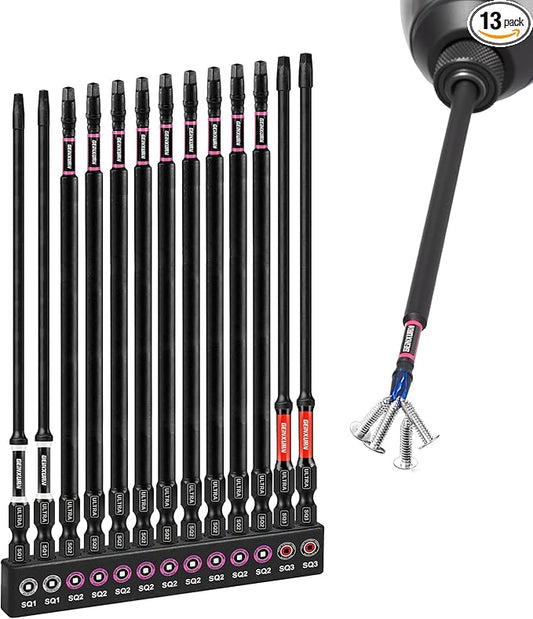Double Impact #1#2#3 Square Screwdriver Bits Set, 13pcs 6??(PH1/PH2/PH3) Magnetic D2 Steel Long Extension Driver Bits Set with Color Coded Base