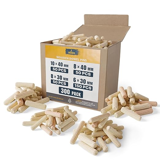 ALBO Wooden Dowel Pins 300 Pack Assorted Sizes 6?30 / 8?30 / 8?40 / 10?40 mm, Fluted Wood Dowels Rods Hardwood Crafts Dowel Pegs