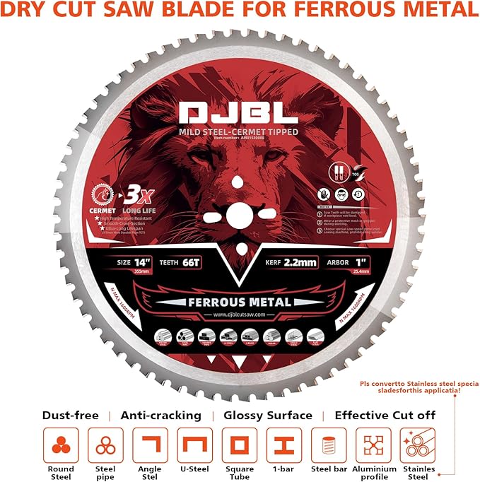 DJBL 14" 3500w Brushless Cold Cut Saw,Dry Cut Saw Cutting Speeds Changeable,Brushless Motor Metal Cut Chop Saw with 66 Teeth Ferrous Metal Cutting Blade,45 Degree Adjustable