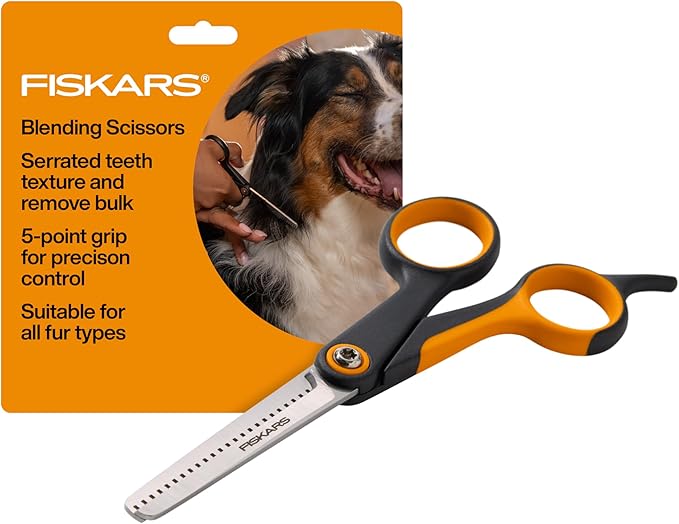 Fiskars Pet Scissors, Dog and Cat Grooming Scissors, Serrated Teeth for Thinning & SoftGrip Handle, Cat and Dog Supplies, 6.5?? Orange/Black, Blending Scissors