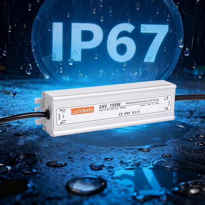 LED Driver 24V150W Waterproof Power Supply AC 90-130V to DC 24V6.25A Switching Power Supply IP67 Rated Driver Suitable for Indoor Outdoor 24V Series LED Strip Lights and String Lights