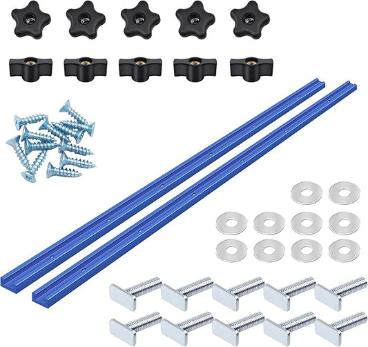 2 pack 24" T-Track with 20pcs T-Track Knob Kit for Woodworking with Screws, Aluminum Alloy Woodworking Tools Double Cut Profile Universal T-Tracks with Predrilled Mounting Holes anodized blue
