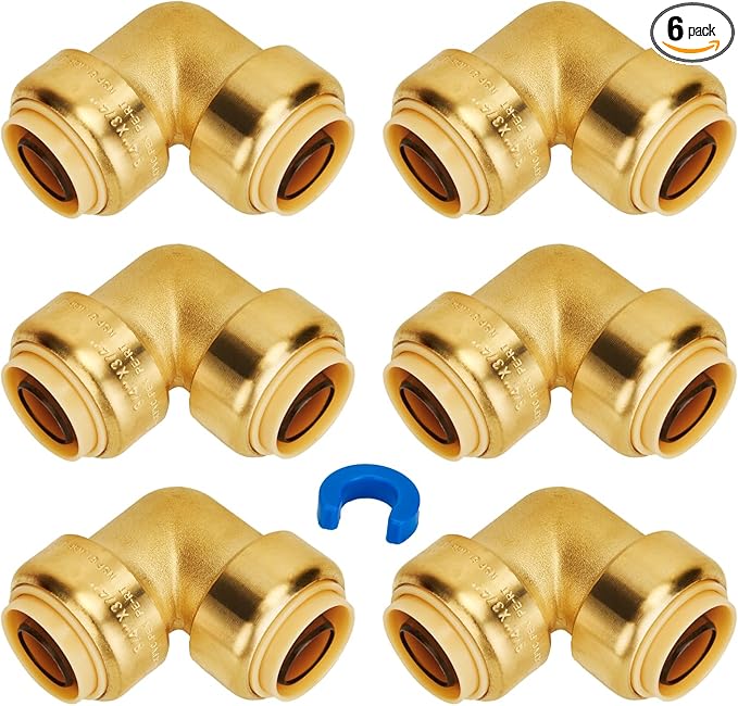 SUNGATOR 3/4 Inch 90 Degree Elbow, Push Pex Elbow 3/4 Inch, No Lead Brass Push-to-Connect Plumbing Fittings for PEX Pipe, Copper, CPVC, PE-RT, With 1 Disconnect Clip, Pack of 6
