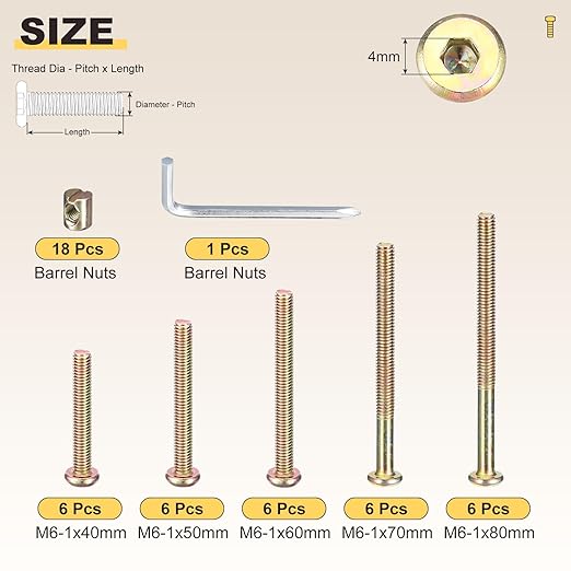 METALLIXITY Furniture Crib Screws Replacement Set with Wrench(M6-1x40/50/60/70/80mm) 36Pcs, Connector Bolt M6 Screw Barrel Nuts Binding Screws, for Chair Cabinet Bed, Yellow