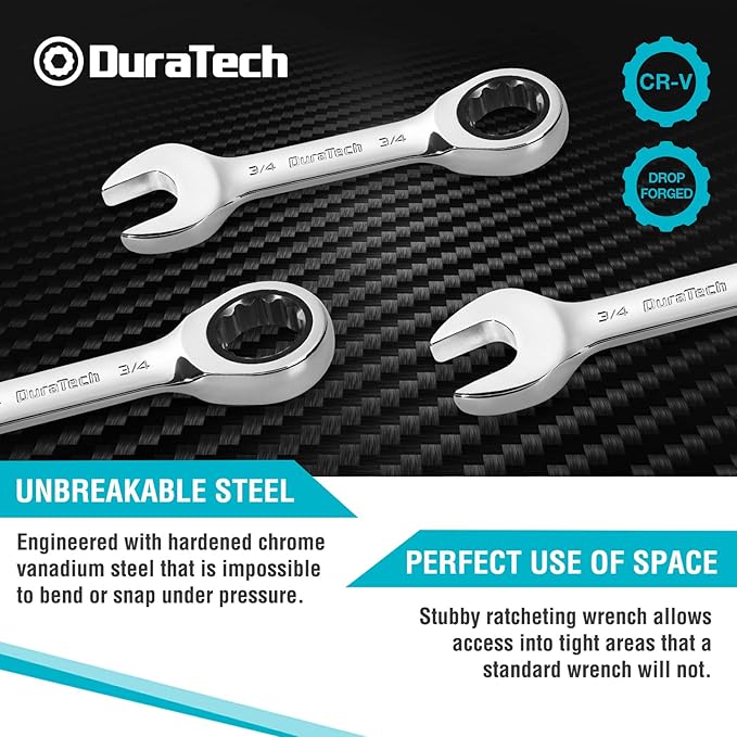 DURATECH Stubby Ratcheting Combination Wrench Set, SAE, 8-Piece, 5/16'' to 3/4'', CR-V Steel, with Rolling Pouch