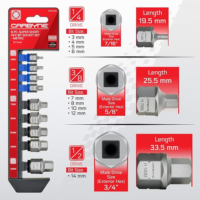 CARBYNE 9-Piece Metric Super Short Low Profile Hex (Allen) Bit Socket Set | 3mm to 14mm, Dual-Drive: Internal Square Drive & External Hex Drive ??From a Family-Run Tool Company in the U.S.