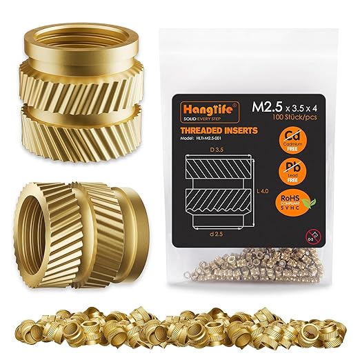 HANGLIFE Heat-Set Threaded Inserts, M2.5 Heat Set Insert for 3D Printing Components and Plastic Parts - Brass Metric Knurled Nuts (100 Pieces)