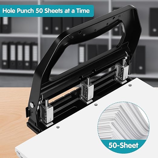 AFMAT 3 Hole Punch Heavy Duty, 9/32" Holes, 50-Sheet Hole Puncher 3 Ring, 50% Reduced Effort, Adjustable Two & Three Hole Punch, Metal Paper Puncher w/Large Chip Tray, Metal Paper Guide, Black, HP18