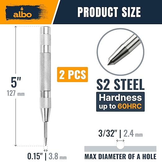 ALBO Spring Loaded Center Punch Tool ??5 Inch Automatic Punch for Metal, Wood, Steel ??Heavy Duty Drill Punch ??Durable Galvanized Coating, Precision Tip for DIY, Workshop & Professional Use (2pcs)
