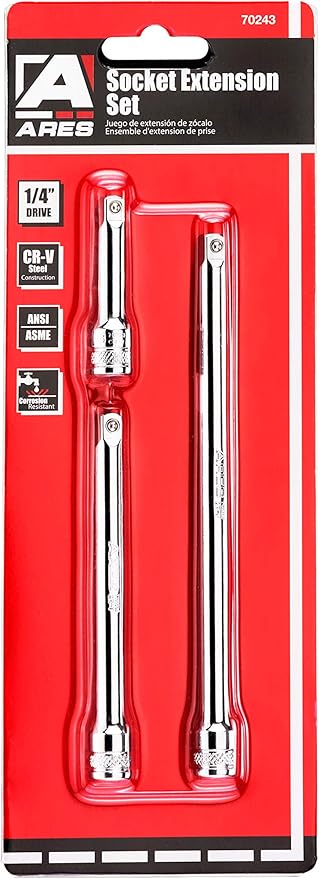 ARES 70243-3-Piece 1/4-Inch Drive Socket Extension Set - Includes 2-Inch, 4-Inch and 6-Inch Extensions - Premium Chrome Vanadium Steel with Mirror Finish