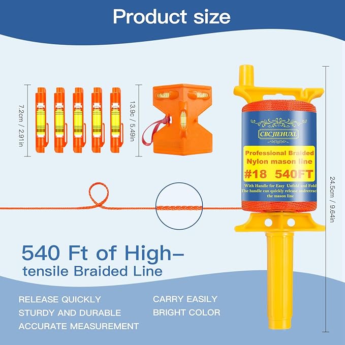 Orange Mason Line String with Post & Pipe Level & 5 Line Levels, #18 540 Feet Braided Construction Nylon Line,String Level Line Kit for Gardening Or Masonry Tools, Kite Twine String or DIY