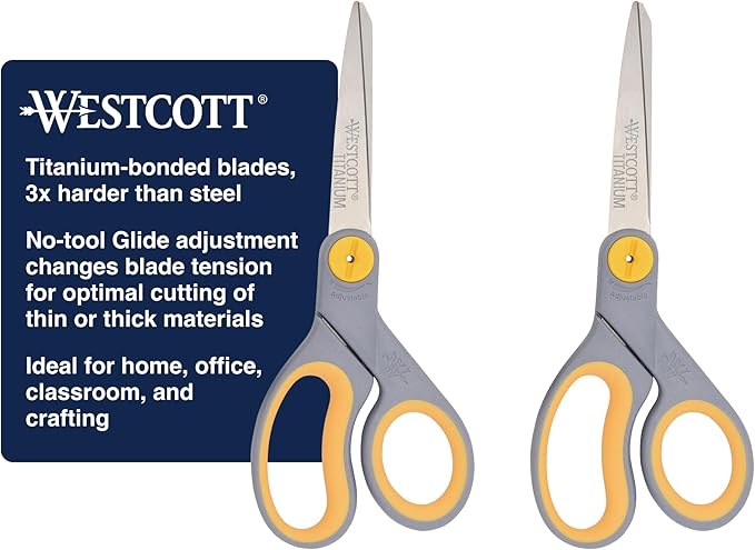 Westcott 8??Titanium Bonded Scissors with Adjustable Glide and Soft Handle, 2-Pack- Durable Multipurpose Scissors for Office, Home, and School Use, Sharp Precision Blades for Everyday Cutting