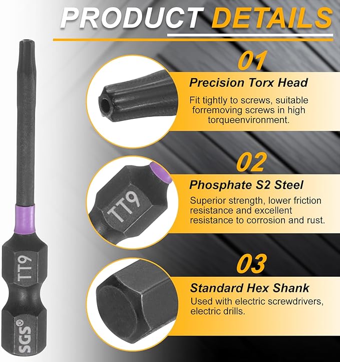 HARFINGTON 2pcs TT9 Torx Head Impact Screwdriver Bits 1/4" Hex Shank 2" (50mm) Long Magnetic Tamper Proof 6 Point Star Screw Driver Drill Bits Phosphate S2 Steel Power Tools with Hole