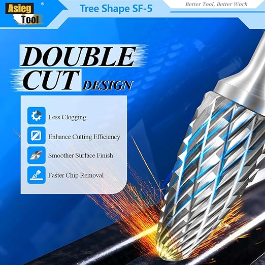 SF-5 Tungsten Carbide Burr Rotary File Tree Shape Radius End Shape Double Cut for Die Grinder Drill Bits 1/4'' Inch Diameter of Shank and 1/2'' Diameter of Cutter 1'' Inch Cutter Length