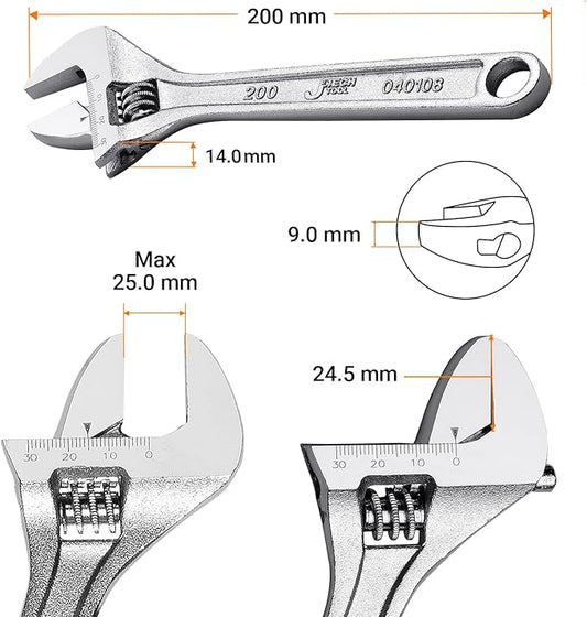 Jetech 8-Inch Adjustable Wrench - Professional Heavy Duty Spanner Chrome Vanadium Steel Shifter Spanner with Metric Scale Wide Caliber Opening