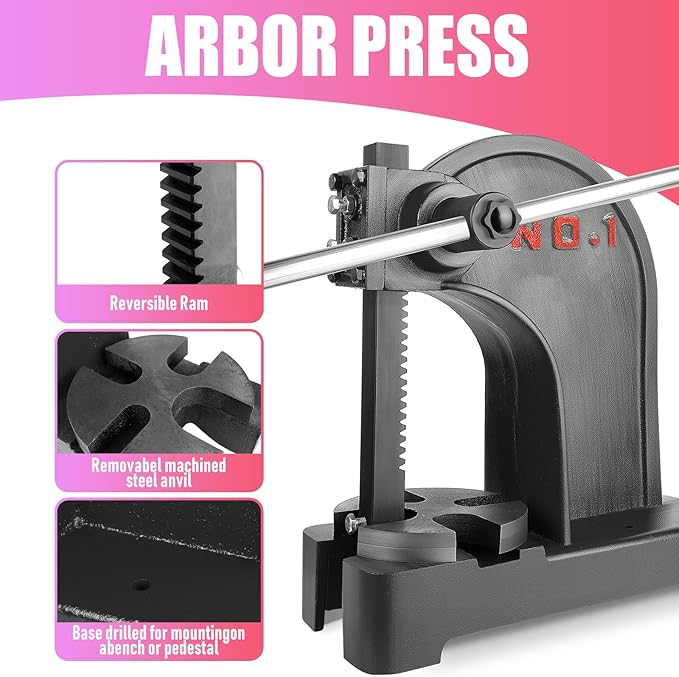 Heavy Duty 1 Ton Arbor Press, Manual Arbor Press, 8.5" Maximum Height, Cast Iron Desktop Press for Bending, Stamping, Forming, Stretching (1 Ton Black)