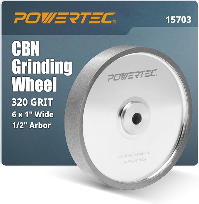 POWERTEC CBN Grinding Wheel 6 Inch 320 Grit, 1" Wide, 1/2" Arbor ??Bench Grinder Sharpening Wheel for HSS Tools, Lathe Chisels, and Woodturning Tools (15703)