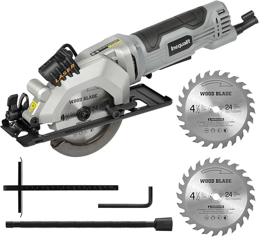 Mini Circular Saw, 4Amp 3500RPM Corded Compact Saw with 4-1/2" 24T TCT Blades, Laser Guide, Rip Guide, Vacuum Adapter and Blade Wrench, Max Cutting Depth 1-11/16"(90°), 1-1/8"(45°）