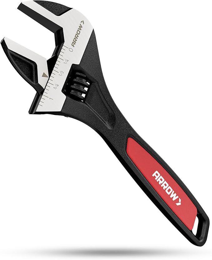 ARROW 8-Inch Adjustable Wrench, Cr-V Steel, Wide Jaw Black Oxide Wrench with Inch/Metric Laser Scales, Non-Slip Grip & Hanging Hole, for Home, Garage, Workshop and DIY