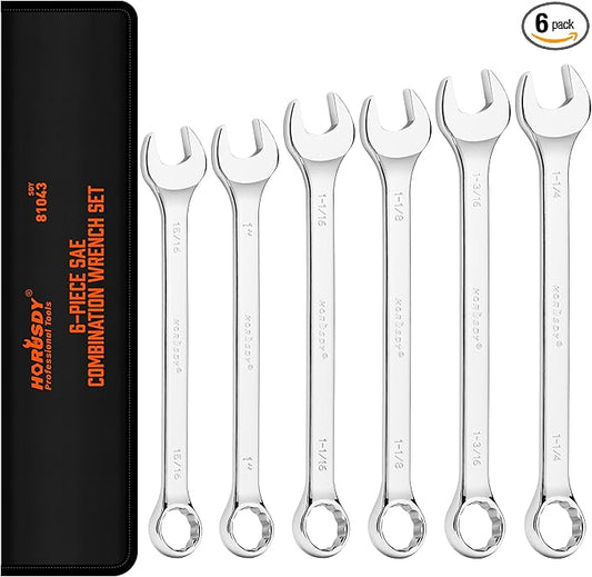 HORUSDY Large Wrench Set with Rolling Pouch | SAE | 6-Piece | 15/16?? 1?? 1-1/16?? 1-1/8?? 1-3/16?? 1-1/4??| 12 Point | Chrome Vanadium Steel