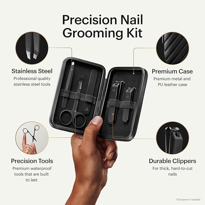 MANSCAPED짰 Shears 3.0, 5-Piece Precision Men?셲 Nail Grooming Travel Kit, Stainless Steel Manicure Set with Fingernail & Toenail Clippers, Nail File, Slant Tip Tweezers, Cuticle Scissors, Travel Case