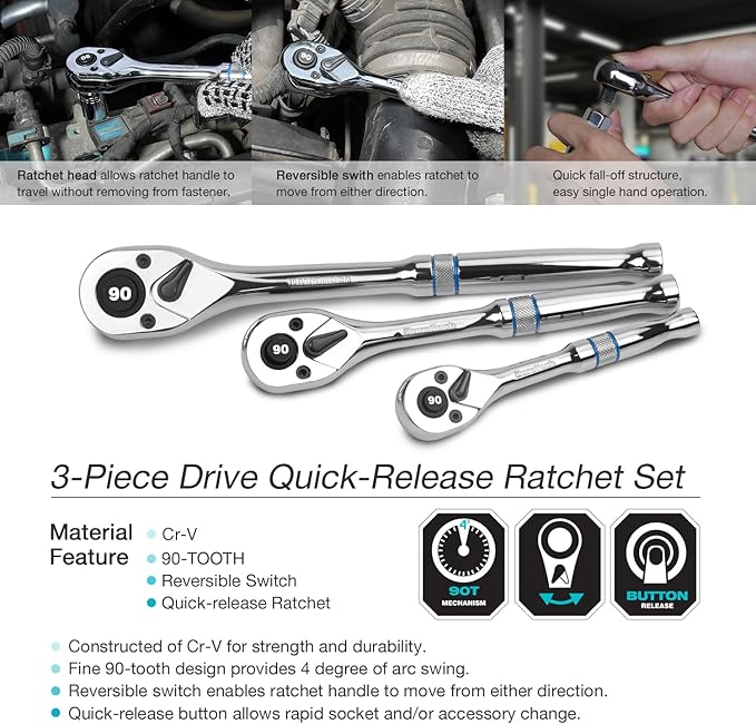 DURATECH 3-Piece Drive Ratchet, 1/4", 3/8", 1/2" 90-Tooth Quick-Release Ratchet Wrench, Reversible, Cr-V Made, Full Polished - with EVA Organizer, Gifts for Men Gifts for Women Gifts for Dad