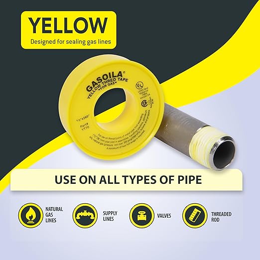 Gasoila Yellow PTFE Thread Seal Tape ??Professional-Grade, 1/2 Inch x 260 Inch, High-Density Thread Tape for Gas Lines??Leak-Proof Seal, Non-Toxic