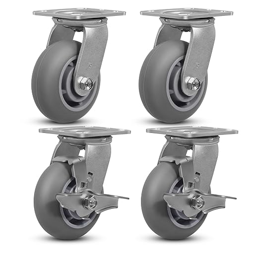 5" x 2" Thermoplastic Rubber Wheels (Crown Tread)- Set of 4 Heavy Duty Casters- 1600 LB Capacity- No Noise Plate Caster for Furniture Platform Trucks Workbench (2 Brake & 2 Swivel)