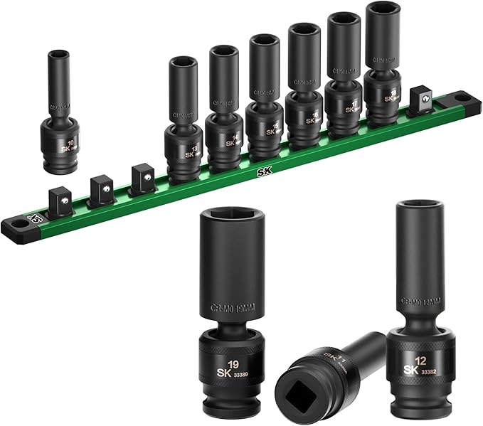 SK 3/8" Drive Universal Impact Socket Set, Deep Swivel Impact sockets, Metric, 10-Piece, 10-19 mm, Premium CR-MO Steel, SureGrip 6 Point Design, With Storage Rail