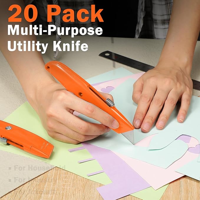 Reginary 20 Pcs Box Cutter Bulk Retractable Utility Knife Heavy Duty Aluminum Alloy Razor Knife for Cardboard Box Carton Opener for DIY, Factory, Home Office(Orange)