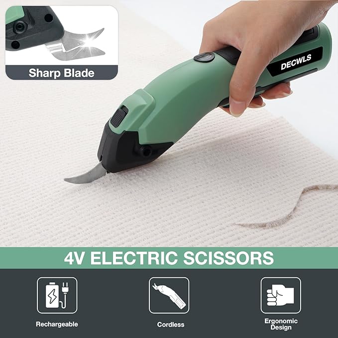 Cordless Electric Scissors for Fabric, 4V Rechargeable Cardboard Scissors with 3 Replaceable Sharp Blades, Electric Shears for Cutting Fabric, Cardboard, Carpet, Leather, Felt