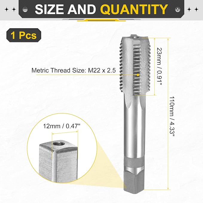 uxcell Hand Plug Tap M22 x 2.5 H2 Metric Thread Plug Style Taps Straight Flute Screw Tapping Threading Tool High Speed Steel HSS6542